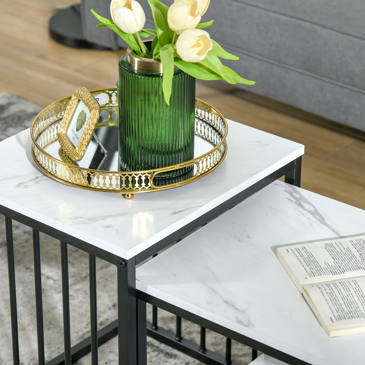HOMCOM Modern Coffee Table Set of Two  Steel Frame Marble-Effect White, Black