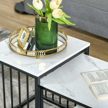 HOMCOM Modern Coffee Table Set of Two  Steel Frame Marble-Effect White, Black