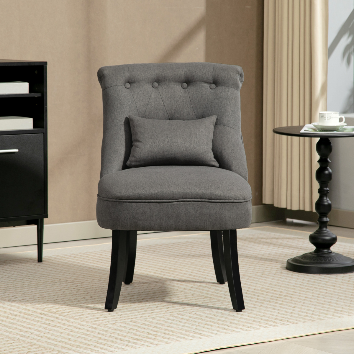 HOMCOM Fabric Single Sofa Upholstered with Pillow Wood Leg Charcoal Grey