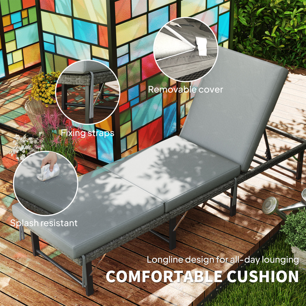 Outsunny Folding Rattan Sun Lounger with Adjustable Back, Cushion, Grey