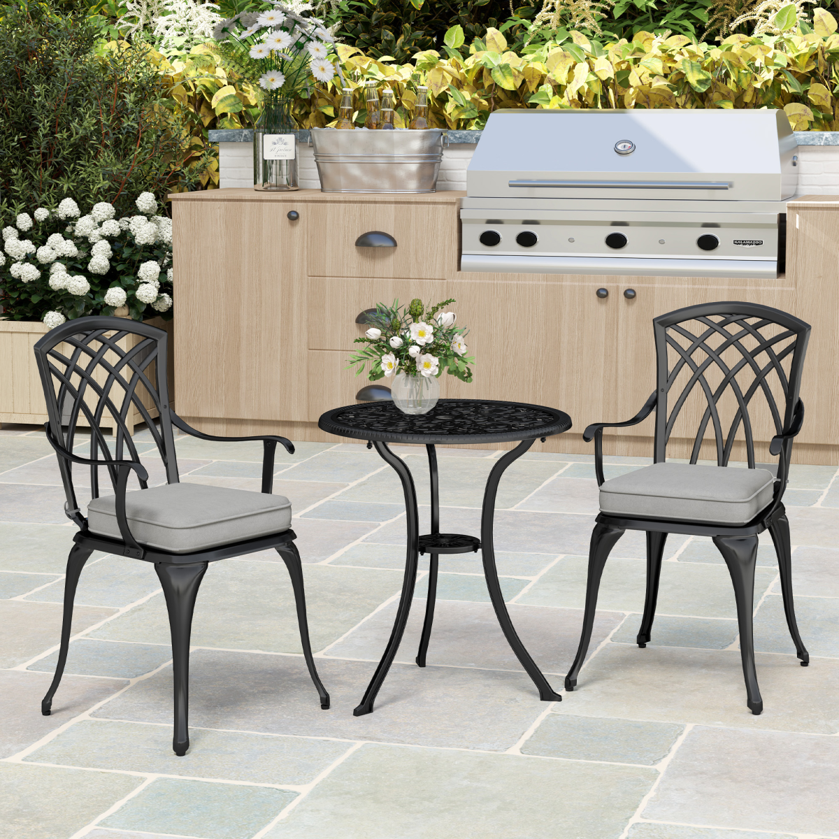Outsunny 3 PCs Aluminium Garden Coffee Table Set w/ Parasol Hole & Cushions