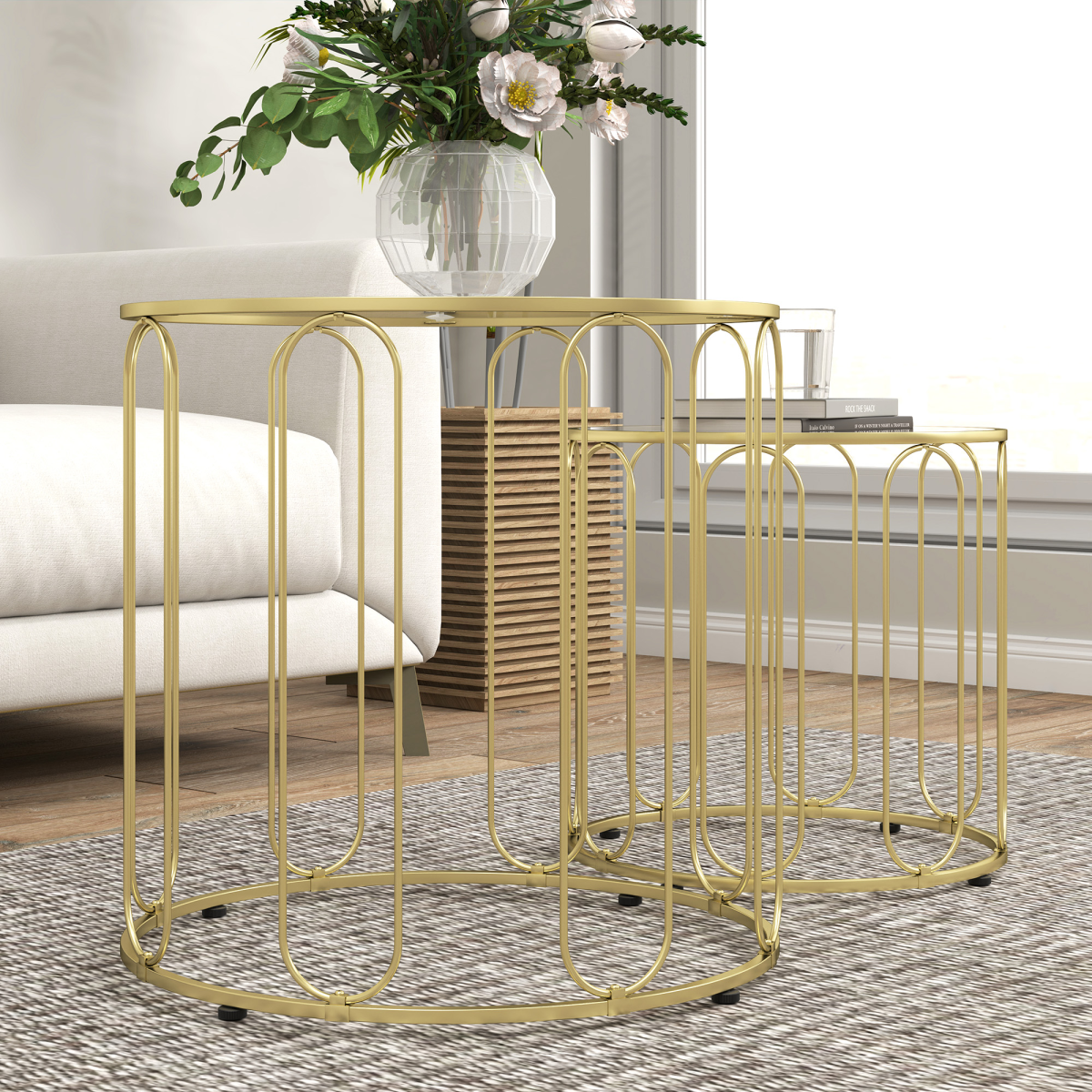 HOMCOM Coffee Table Set of 2, Nest of Tables with Metal Frame, Gold Tone