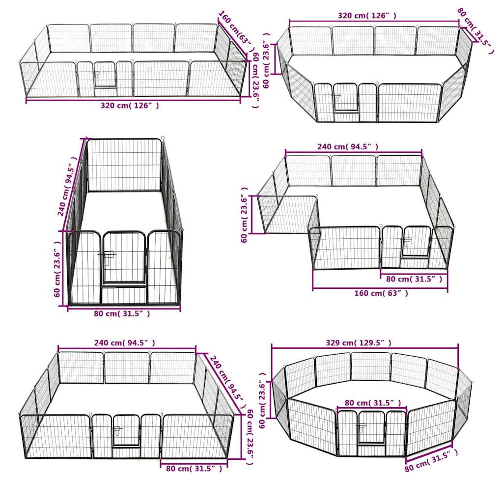 Dog Playpen 12 Panels Steel 80x60 cm Black