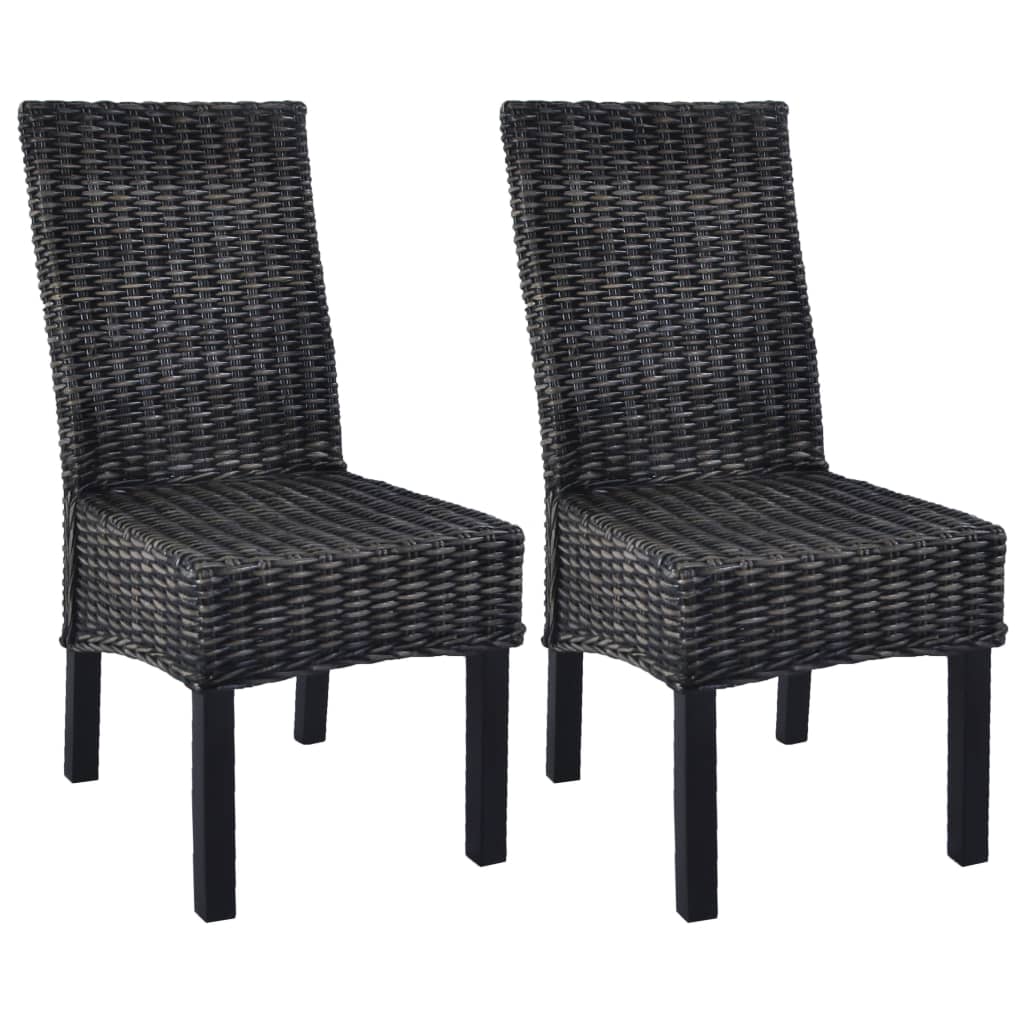 Dining Chairs 2 pcs Black Kubu Rattan and Mahogany Wood