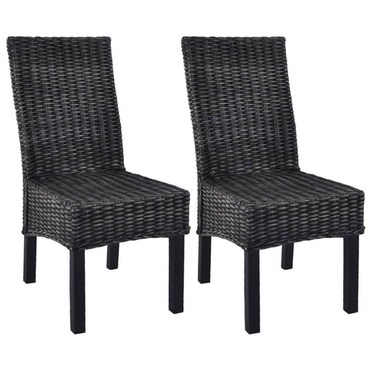 Dining Chairs 2 pcs Black Kubu Rattan and Mahogany Wood