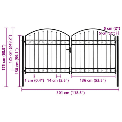 Fence Gate Double Door with Arched Top Steel 300x125 cm Black