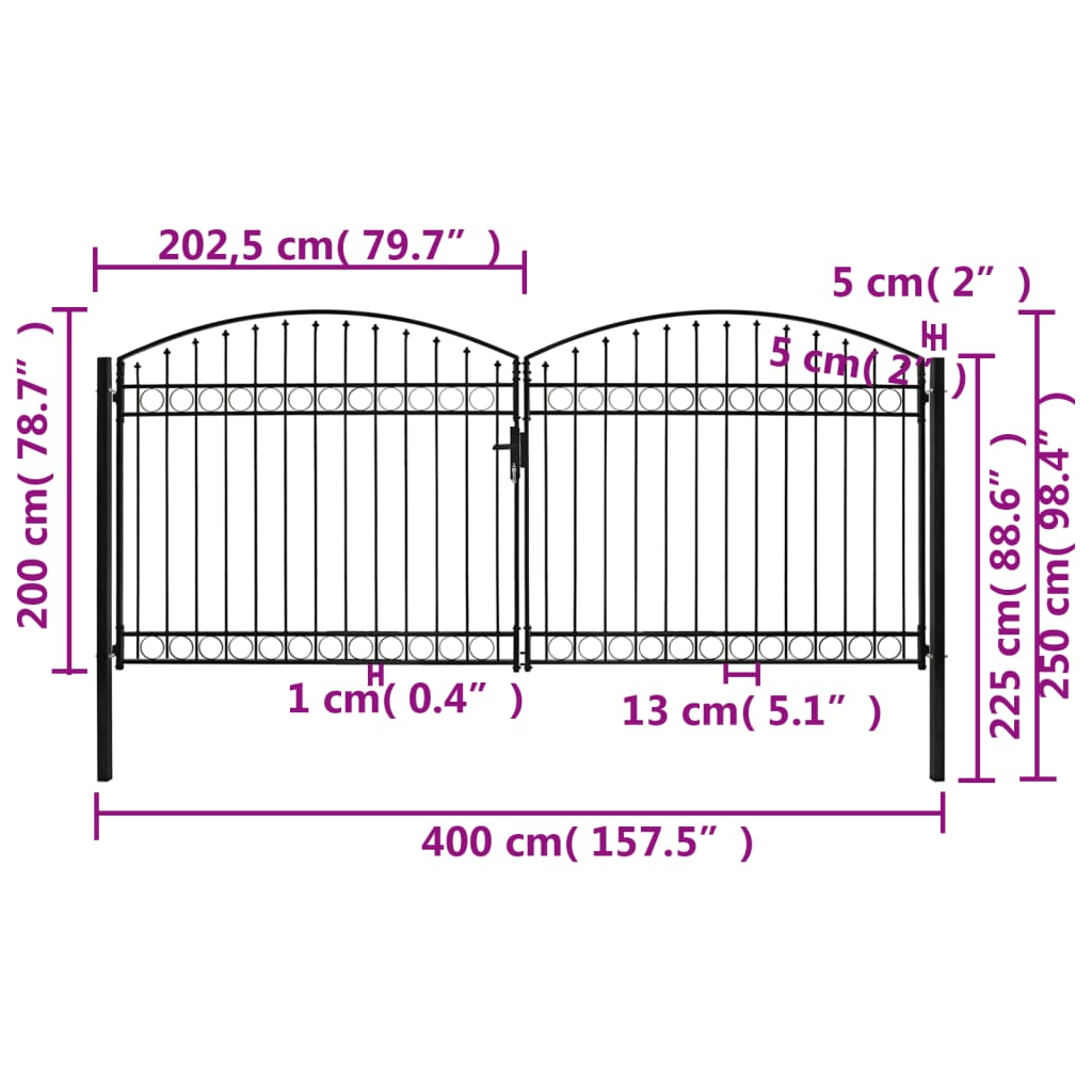 Fence Gate Double Door with Arched Top Steel 400x200 cm Black