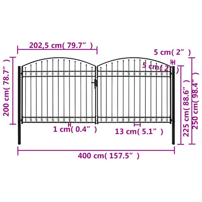 Fence Gate Double Door with Arched Top Steel 400x200 cm Black