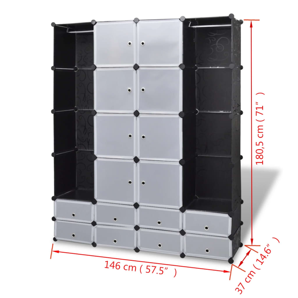 Modular Cabinet 18 Compartments Black and White 37x146x180.5 cm