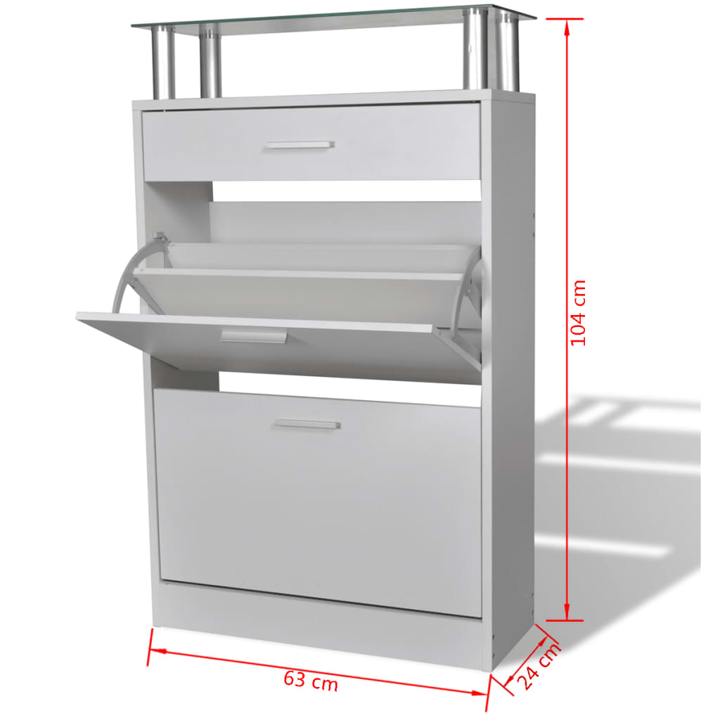 Shoe Cabinet with a Drawer and a Top Glass Shelf Wood White
