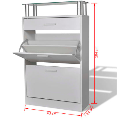 Shoe Cabinet with a Drawer and a Top Glass Shelf Wood White