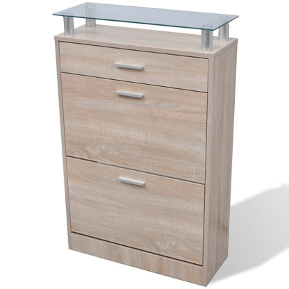 Shoe Cabinet with a Drawer and a Top Glass Shelf Wood Oak Look