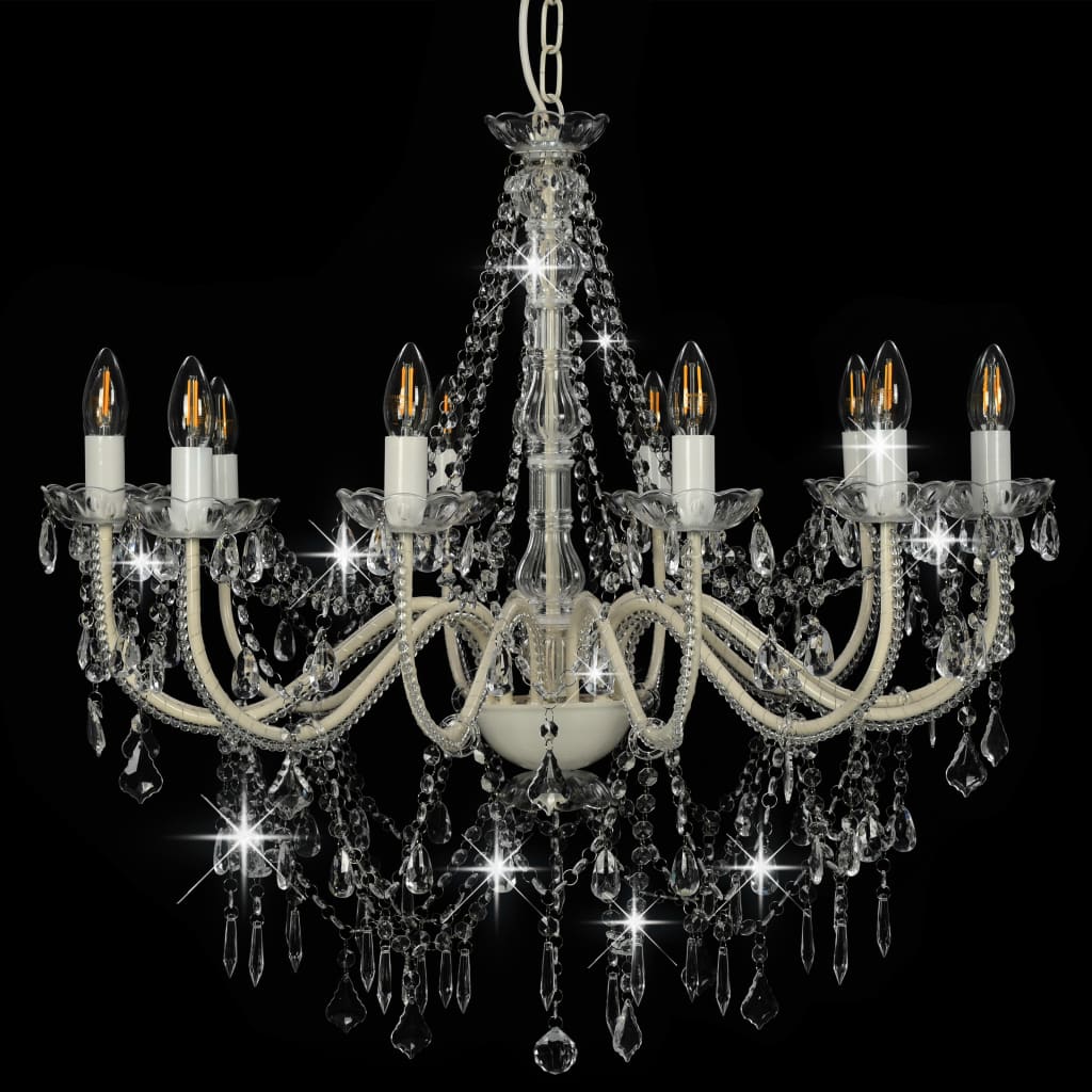Chandelier with Beads White 12 x E14 Bulbs