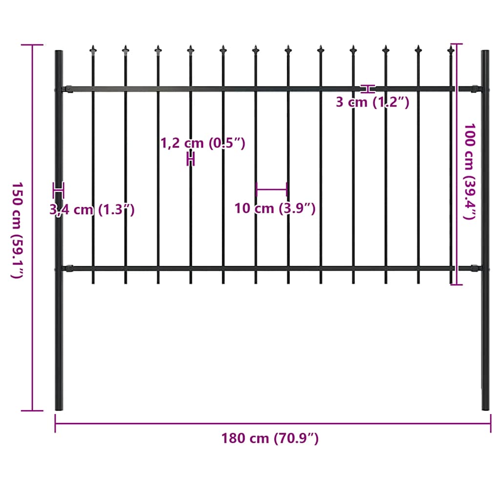 Garden Fence with Spear Top Steel 181x100 cm Black