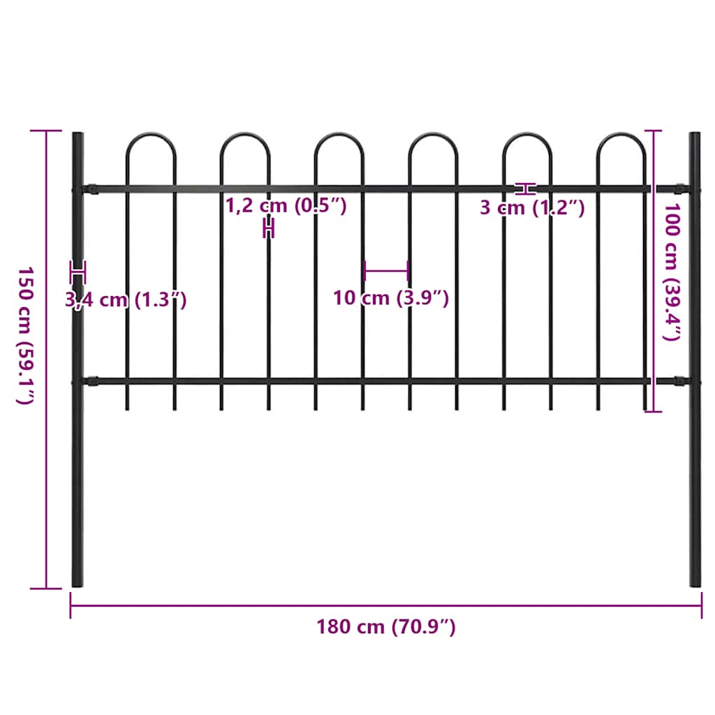 Garden Fence with Hoop Top Steel 181x100 cm Black