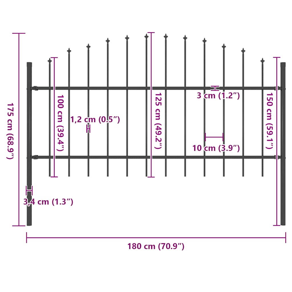 Garden Fence with Spear Top Steel 181x125 cm Black