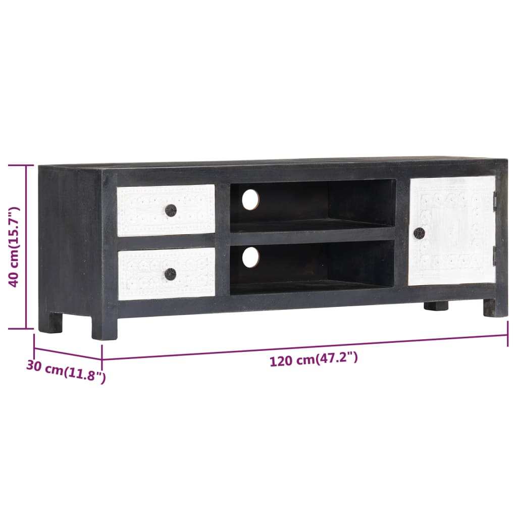Hand Carved TV Cabinet Grey&White 120x30x40 cm Solid Wood Mango