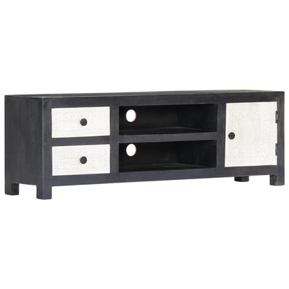 Hand Carved TV Cabinet Grey&White 120x30x40 cm Solid Wood Mango