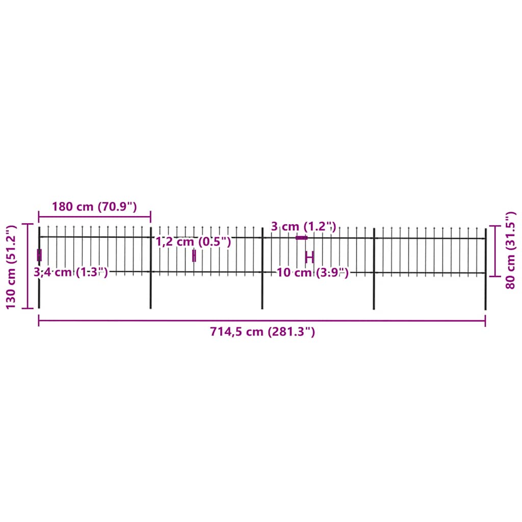 Garden Fence with Spear Top Steel 714.5x80 cm Black