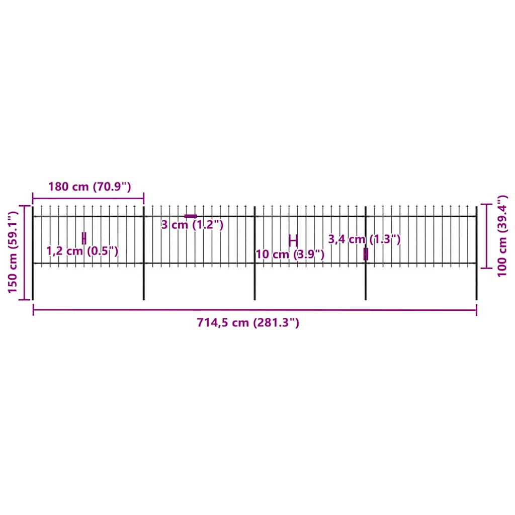 Garden Fence with Spear Top Steel 714.5x100 cm Black