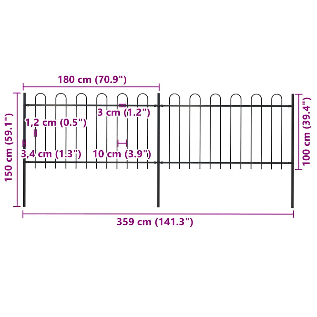 Garden Fence with Hoop Top Steel 359x100 cm Black