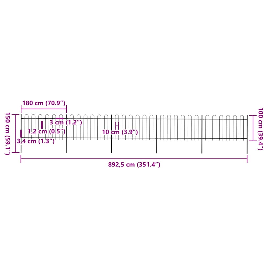 Garden Fence with Hoop Top Steel 892.5x100 cm Black