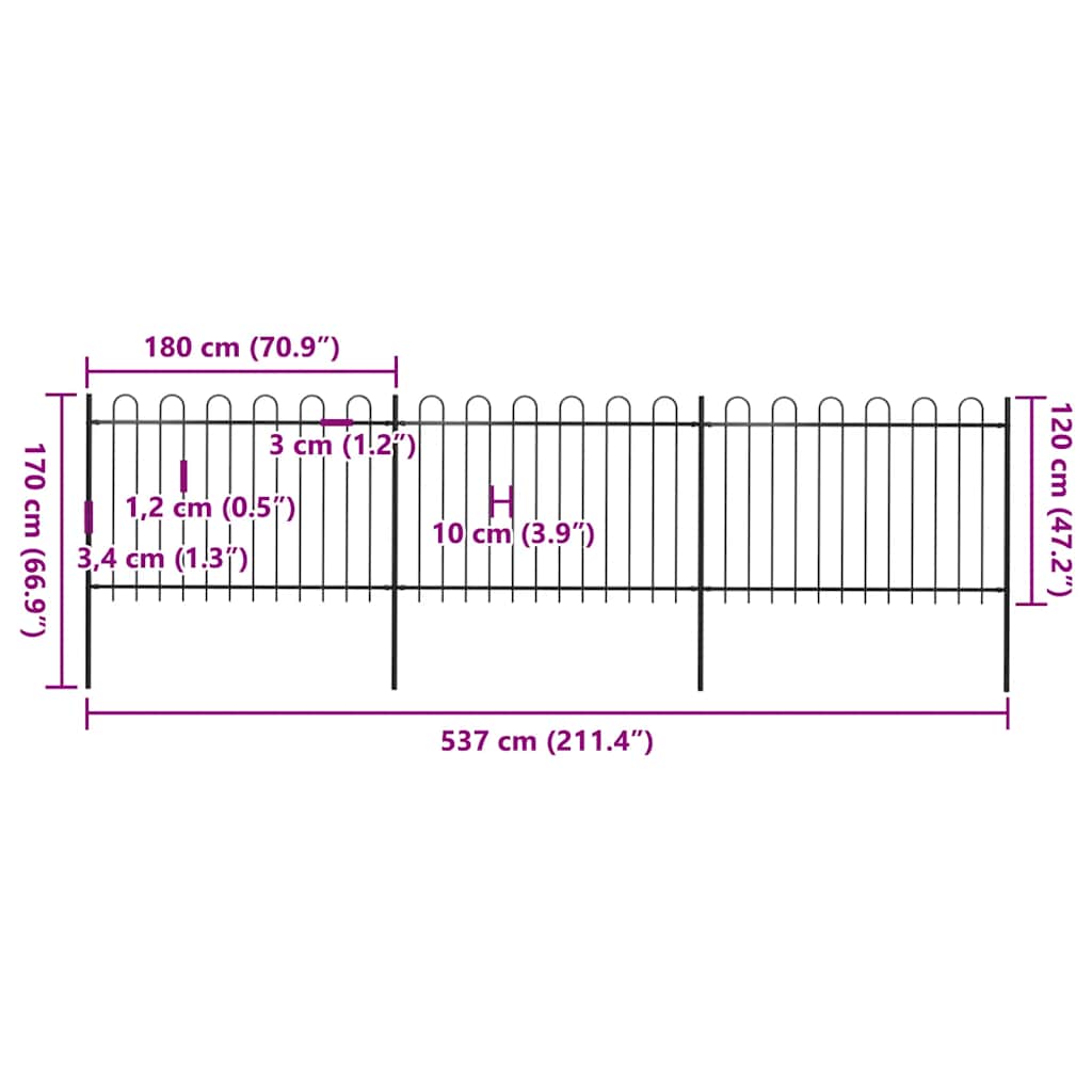 Garden Fence with Hoop Top Steel 537x120 cm Black