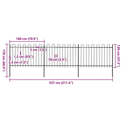 Garden Fence with Hoop Top Steel 537x120 cm Black
