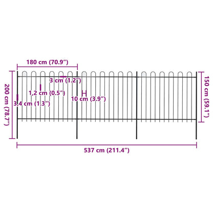 Garden Fence with Hoop Top Steel 537x150 cm Black