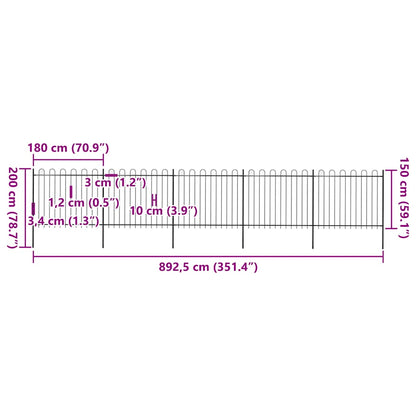 Garden Fence with Hoop Top Steel 892.5x150 cm Black