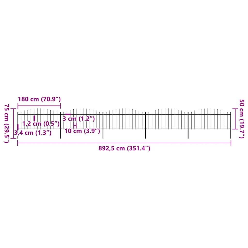 Garden Fence with Spear Top Steel 892.5x75 cm Black