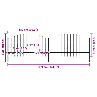 Garden Fence with Spear Top Steel 359x100 cm Black