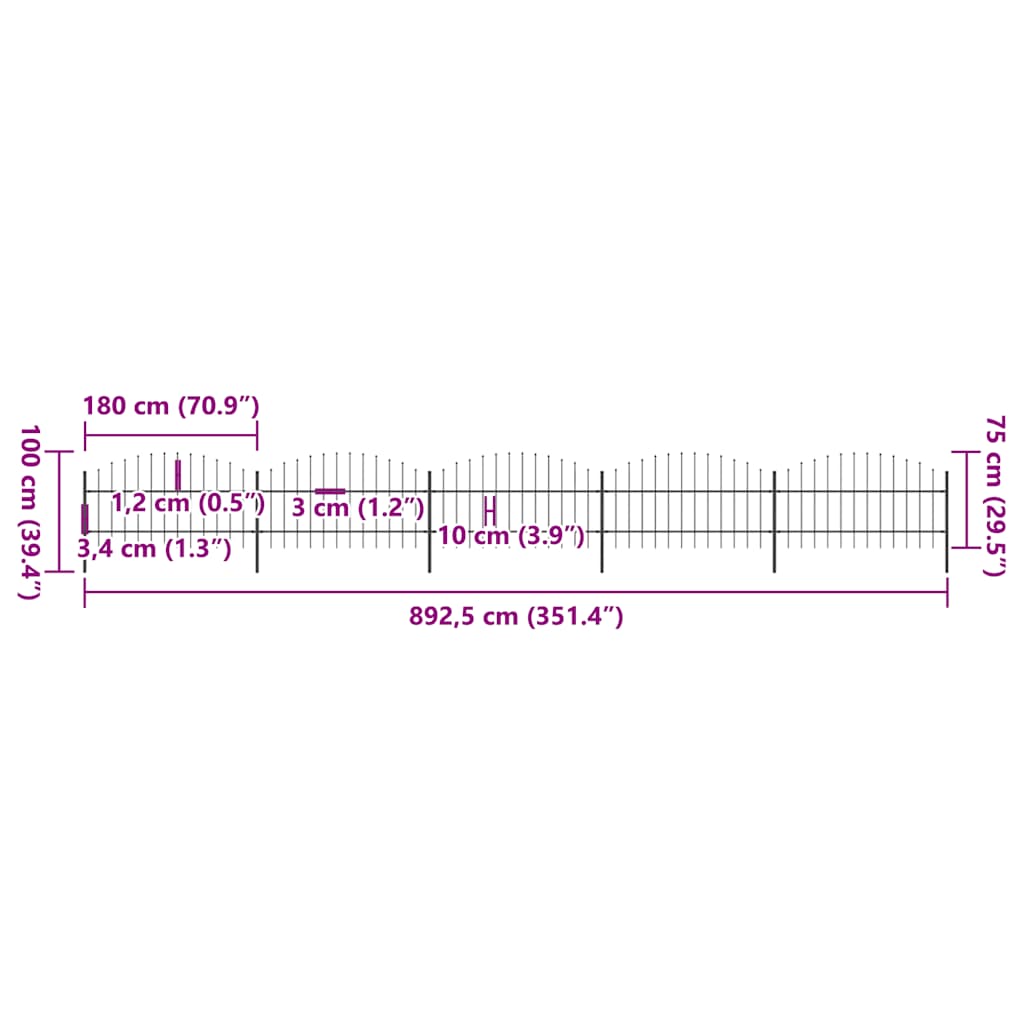 Garden Fence with Spear Top Steel 892.5x100 cm Black