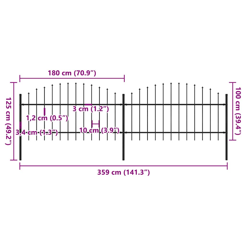 Garden Fence with Spear Top Steel 359x125 cm Black