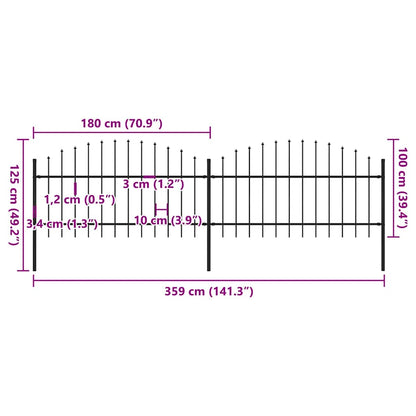 Garden Fence with Spear Top Steel 359x125 cm Black
