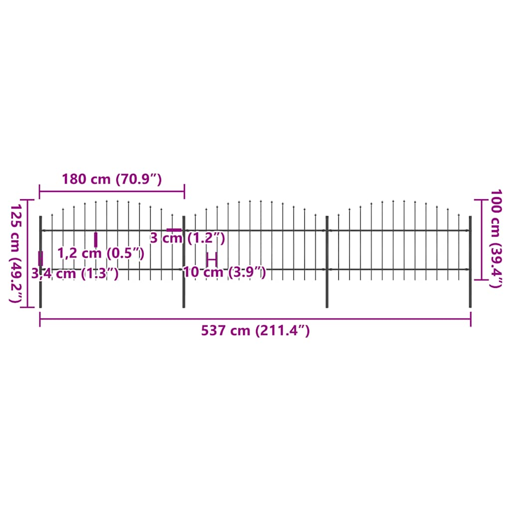 Garden Fence with Spear Top Steel 537x125 cm Black