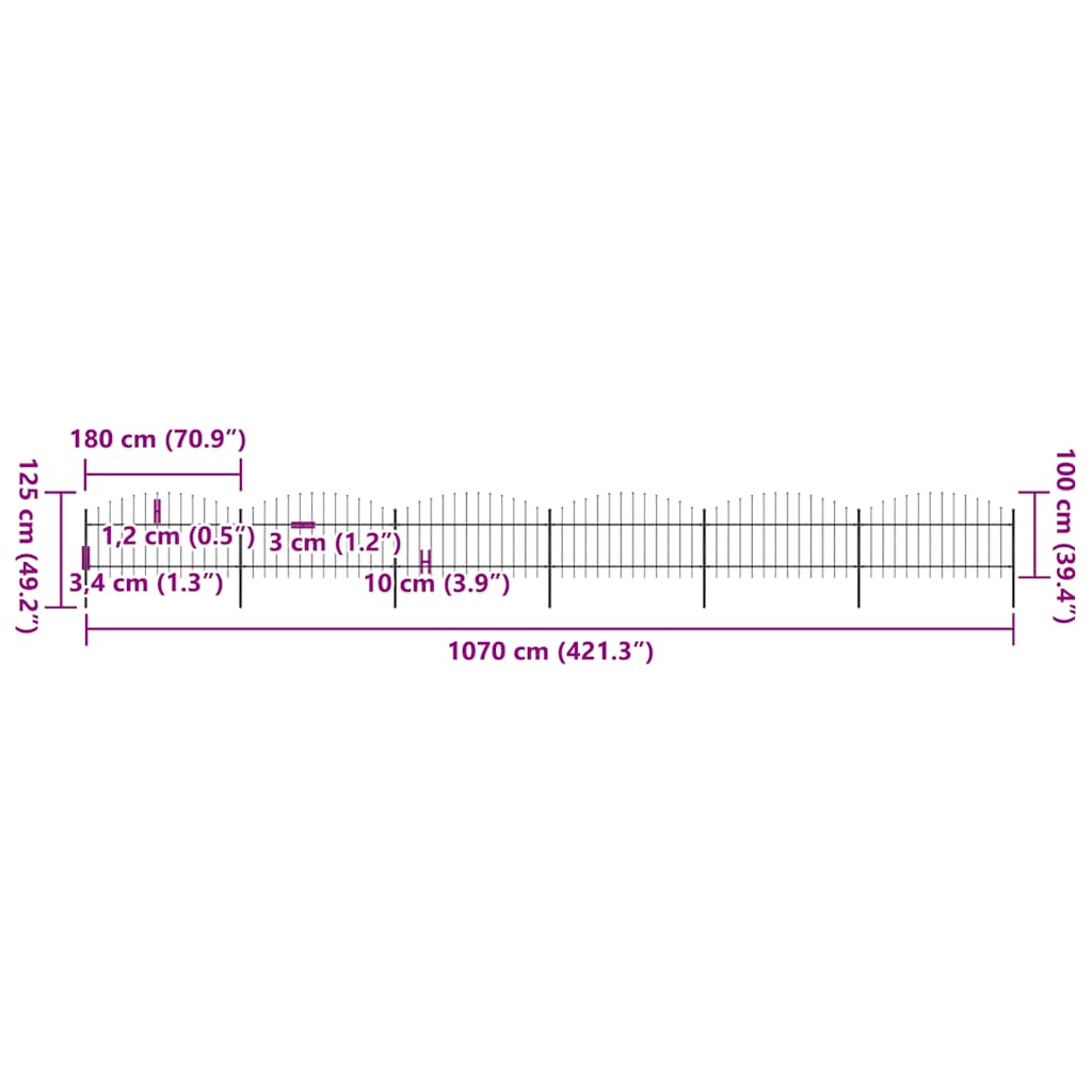 Garden Fence with Spear Top Steel 1070x125 cm Black