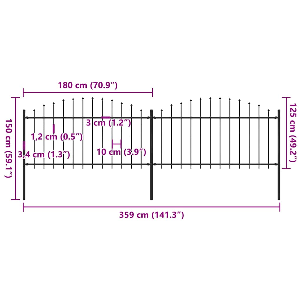 Garden Fence with Spear Top Steel 359x150 cm Black