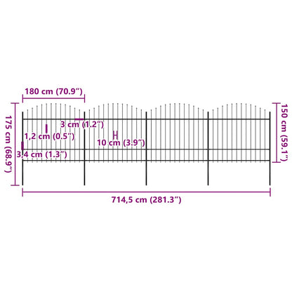 Garden Fence with Spear Top Steel 714.5x175 cm Black
