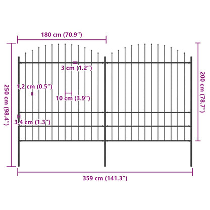 Garden Fence with Spear Top Steel 359x200 cm Black