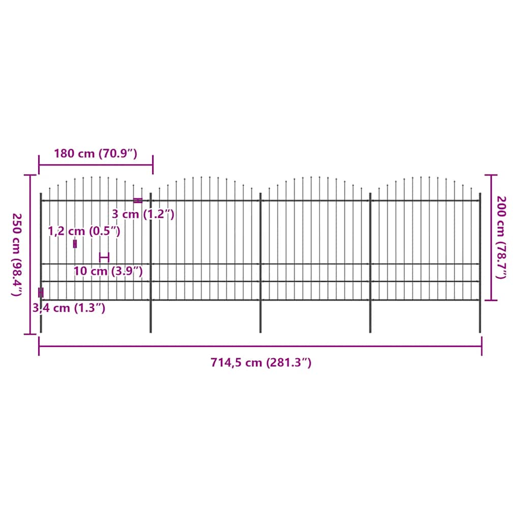 Garden Fence with Spear Top Steel 714.5x200 cm Black