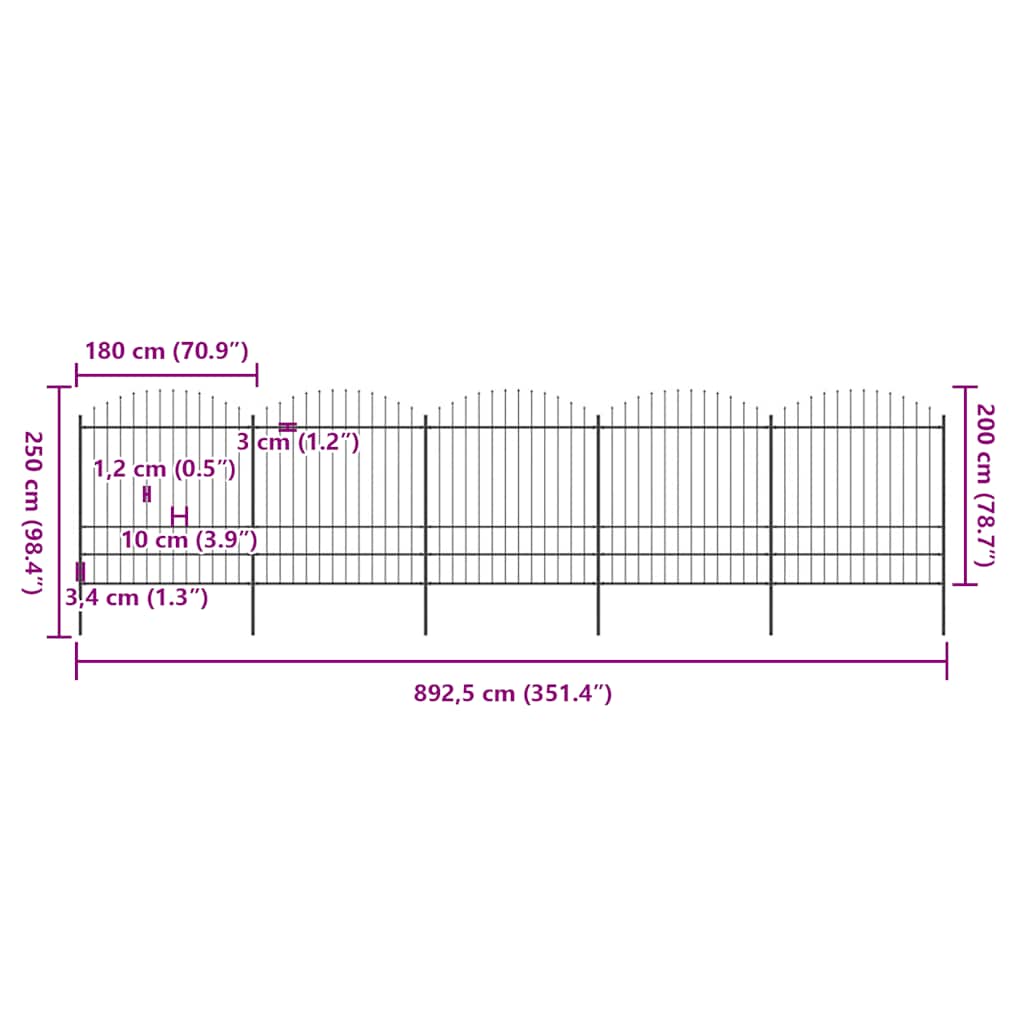Garden Fence with Spear Top Steel 892.5x200 cm Black