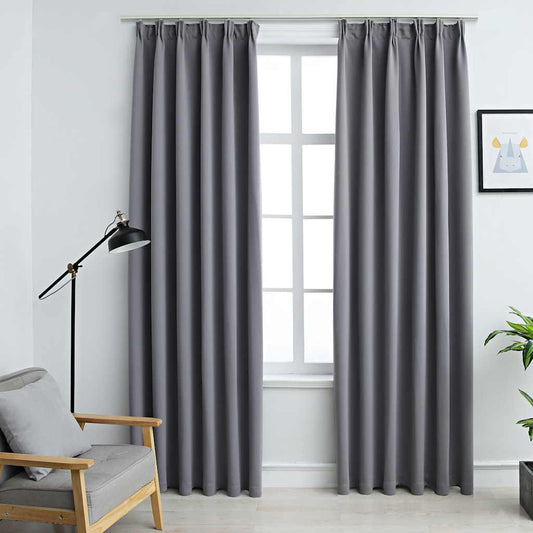 Blackout Curtains with Hooks 2 pcs Grey 140x225 cm