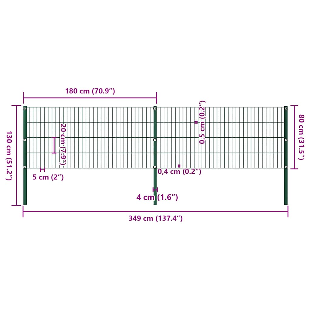 Fence Panel with Posts Iron 349x80 cm Green