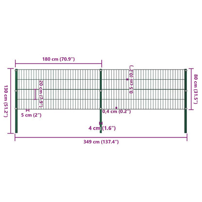 Fence Panel with Posts Iron 349x80 cm Green