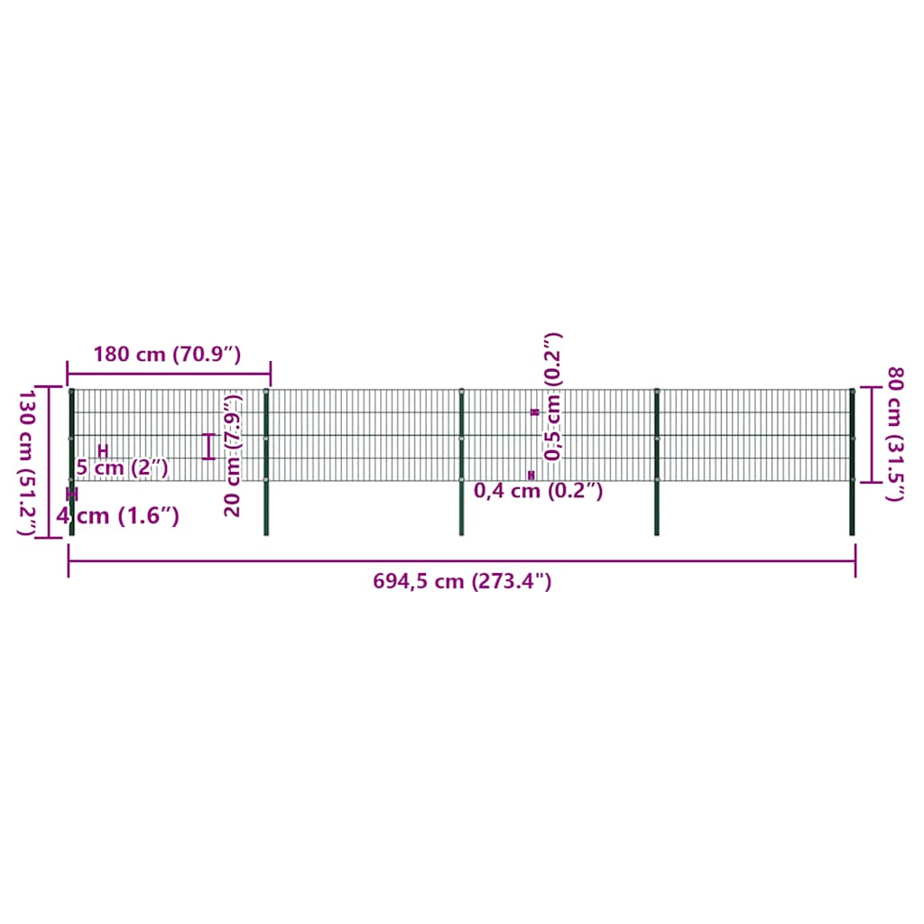 Fence Panel with Posts Iron 694.5x80 cm Green