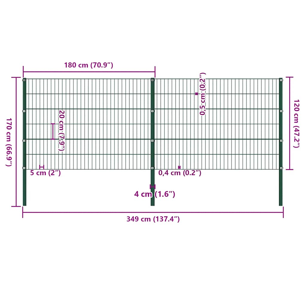 Fence Panel with Posts Iron 349x120 cm Green