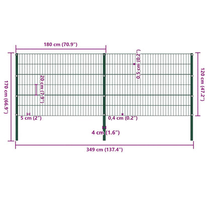 Fence Panel with Posts Iron 349x120 cm Green