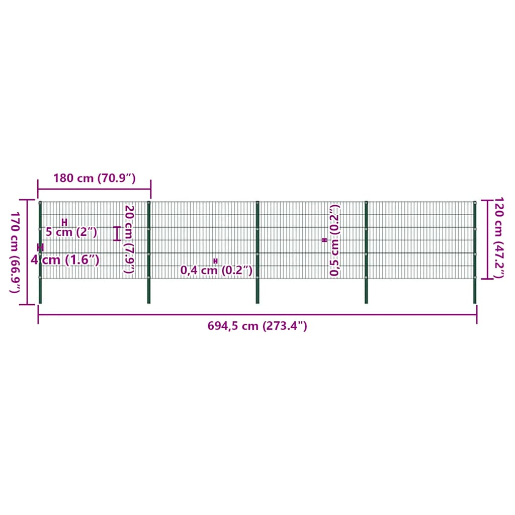Fence Panel with Posts Iron 694.5x120 cm Green