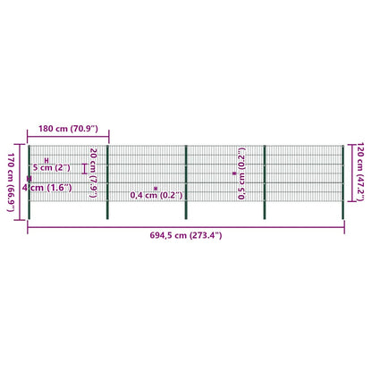 Fence Panel with Posts Iron 694.5x120 cm Green